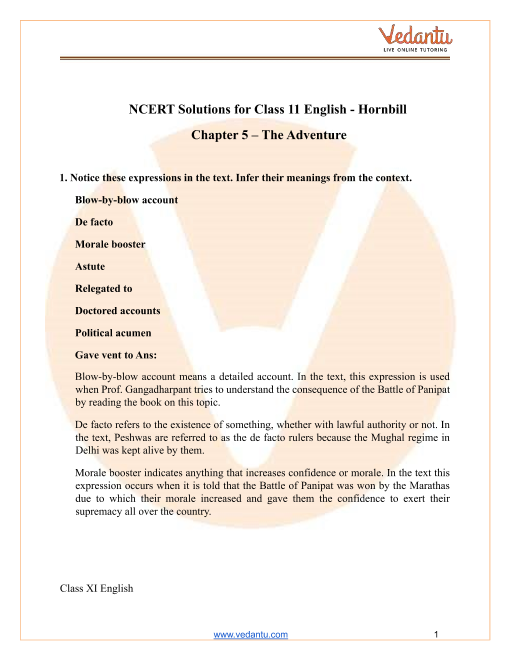 Ncert Solutions For Class 11 English Hornbill Chapter 7 The Adventure 