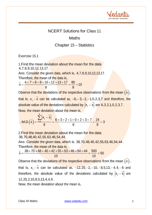 Ncert Solutions For Class 11 Maths Chapter 15 Statistics