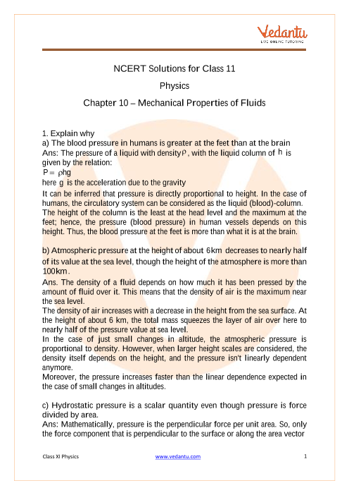 Ncert Solutions For Class 11 Physics Chapter 10 Mechanical Properties Of Fluids Free Pdf