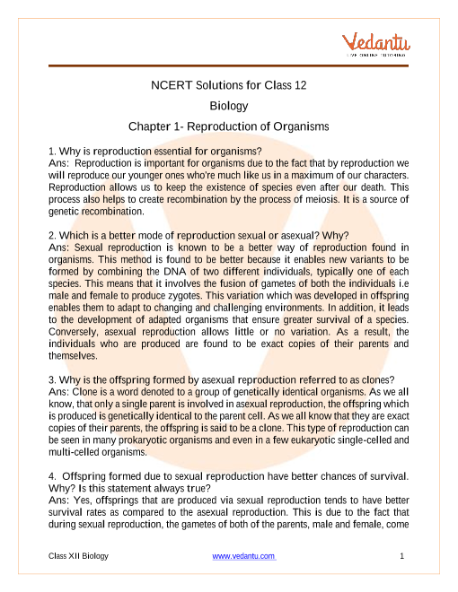 Ncert Solutions For Class 12 Biology Chapter 1 Reproduction In Anism Free Pdf