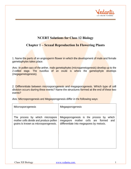 Ncert Solutions For Class 12 Biology Chapter 2 Sexual Reproduction In Flowering Plants Free Pdf