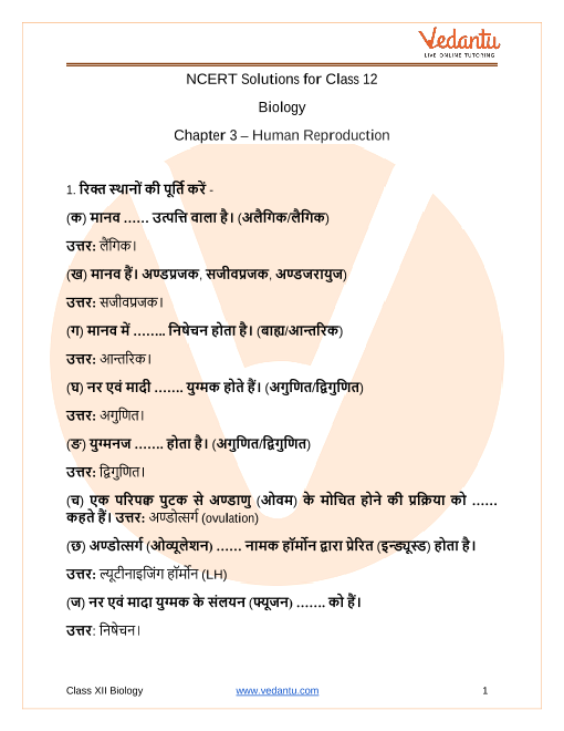 NCERT Solutions (In Hindi) for Class 12 Biology Chapter 3 Human