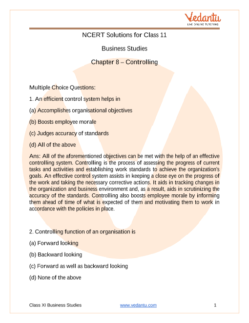 NCERT Solutions For Class 12 Business Studies - Chapter 8 - Controlling