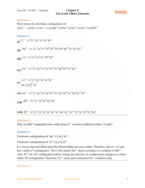 Ncert Solutions For Class 12 Chemistry Chapter 8 The D And F Block Elements Free Pdf