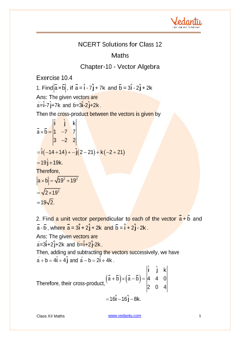 NCERT Solutions For Class 12 Maths Chapter 10 Vector Algebra (Ex 10.4 ...