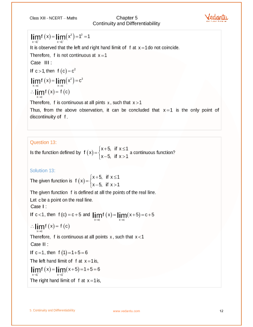 Ncert Solutions For Class 12 Maths Chapter 5 Continuity And Differentiability Free Pdf