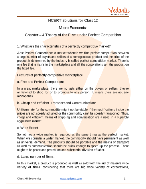 Ncert Solutions For Class 12 Micro Economics Chapter 4 The Theory Of The Firm Under Perfect Competition