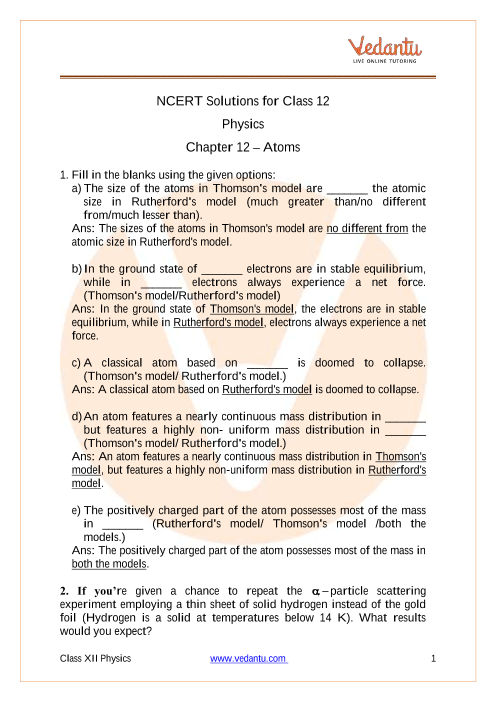 class 12 physics chapter atoms ncert solutions