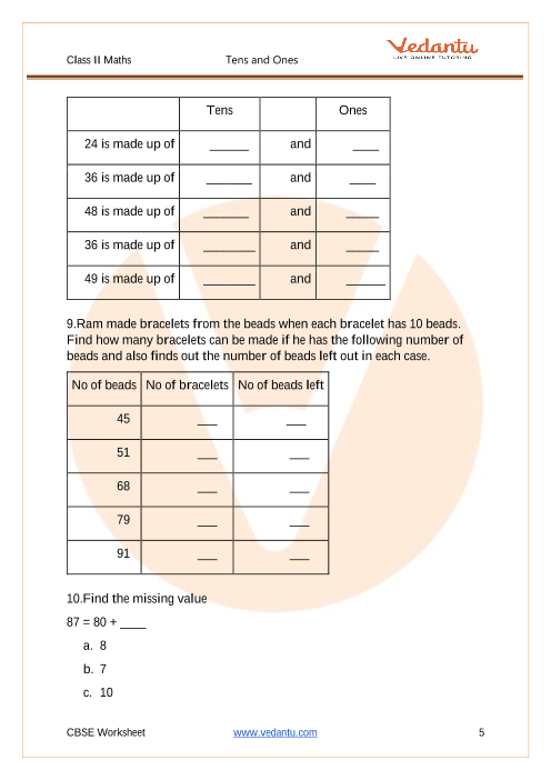 CBSE Class 2 Math Tens and Ones Worksheet with Solutions