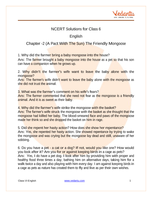 Ncert Solutions For Class 6 English A Pact With The Sun Chapter 2 The Friendly Mongoose