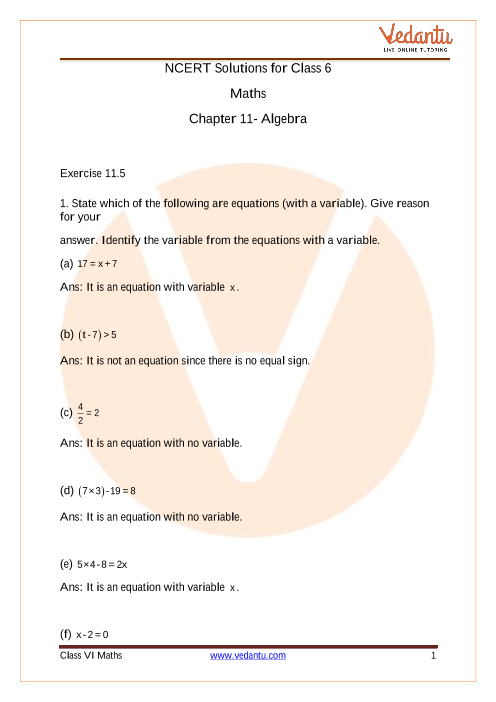 Ncert Solutions For Class 6 Maths Chapter 11 Algebra Ex 11 5 Exercise 11 5