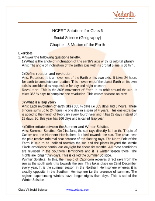 Ncert Solutions For Class 6 Social Science The Earth Our Habitat Chapter 3