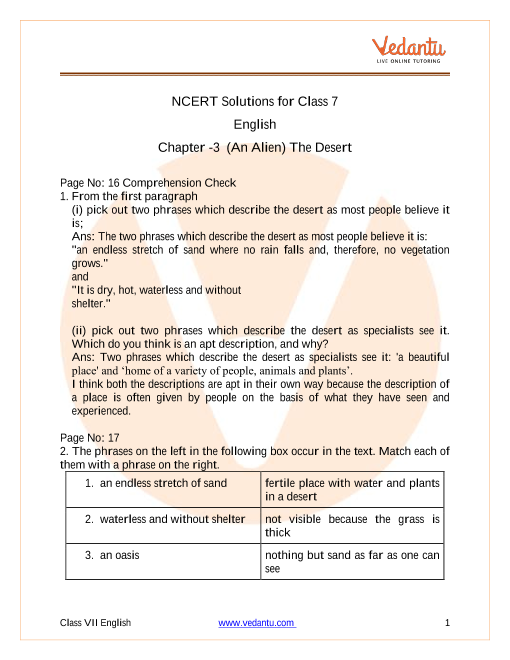 Ncert Solutions For Class 7 English An Alien Hand Chapter 3 The Desert