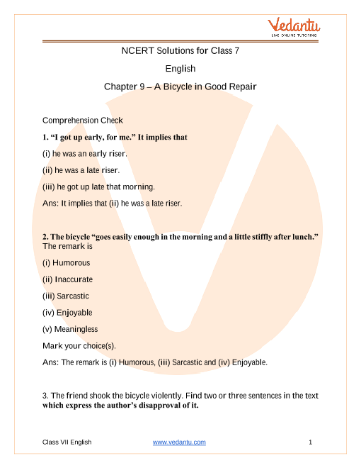 Ncert Solutions For Class 7 English Honeycomb Chapter 9 A Bicycle In Good Repair