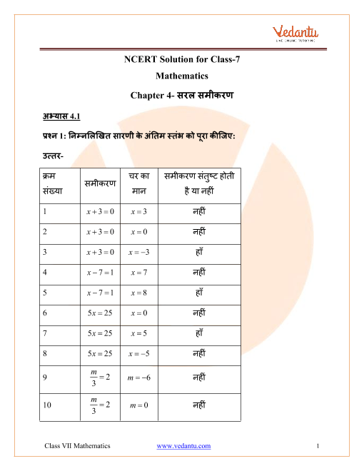 Ncert Solutions For Class 7 Maths Chapter 4 Simple Equations In Hindi