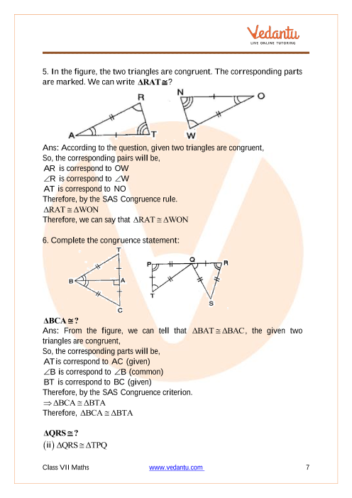 Ncert Solutions For Class 7 Maths Chapter 7 Congruence Of Triangles Updated For 2020 21