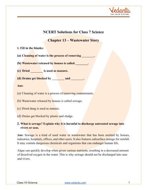 Ncert Solutions For Class 7 Science Chapter 18 Wastewater Story