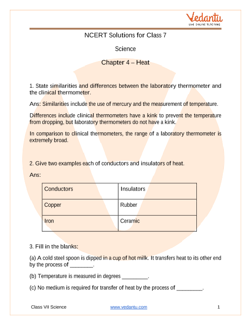 Ncert Solutions For Class 7 Science Chapter 4 Heat