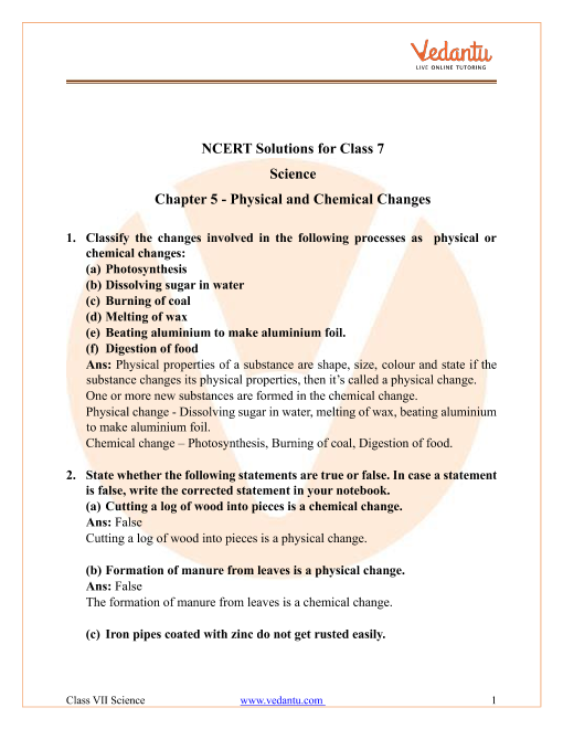 Physical And Chemical Changes And Properties Of Matter Worksheet 