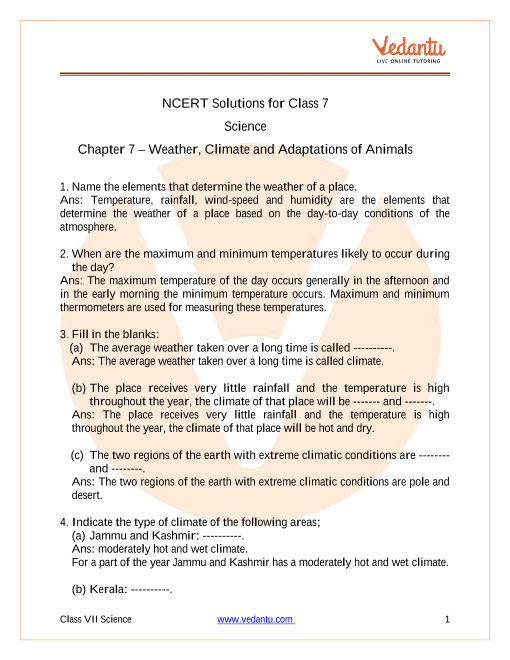 NCERT Solutions For Class 7 Science Weather, Climate And Adaptations Of ...