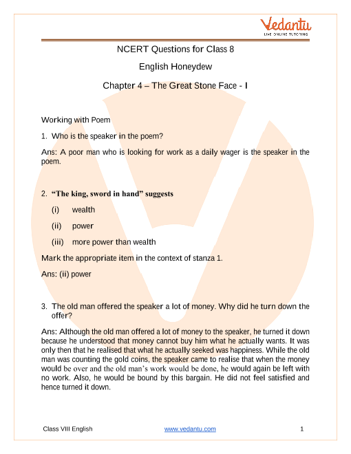 NCERT Solutions for Class 8 English Honeydew Chapter4 Poem The Last