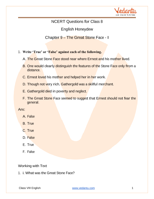 Ncert Solutions For Class 8 English Honeydew Chapter 9 The Great Stone Face I