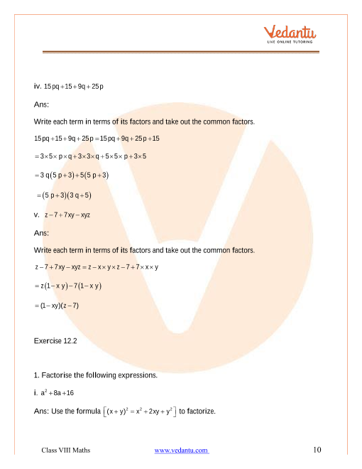 Ncert Solutions For Class 8 Maths Chapter 14 Factorisation