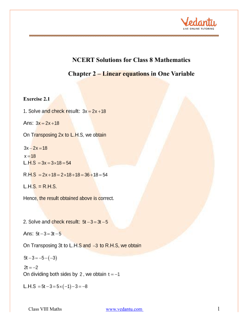 NCERT Solutions For Class 8 Maths Chapter 2 Linear Equations In One Variable Updated For 2022 21