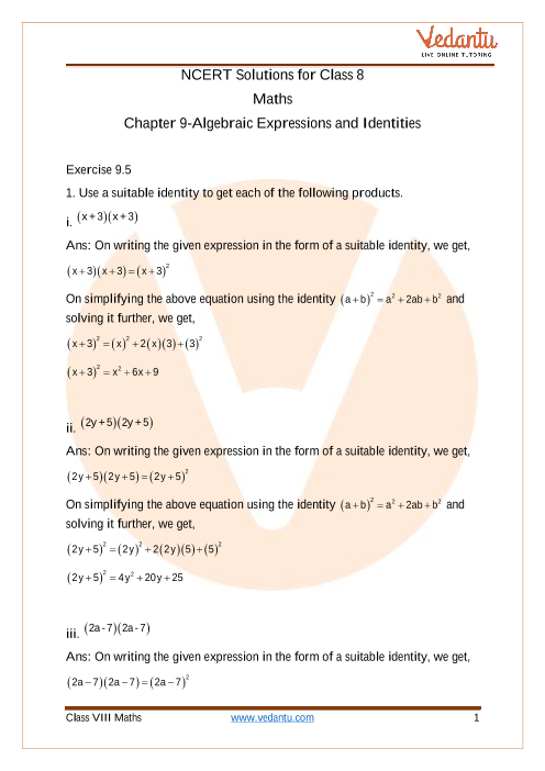Ncert Solutions For Class 8 Maths Chapter 9 Algebraic Expressions And Identities Ex 9 5 Exercise 9 5