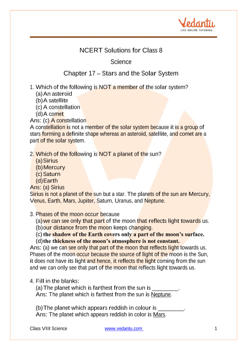 Ncert Solutions For Class 8 Science Chapter 17 Stars And