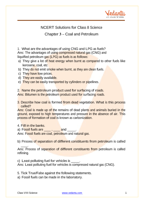 Ncert Solutions For Class 8 Science Chapter 5 Coal And Petroleum