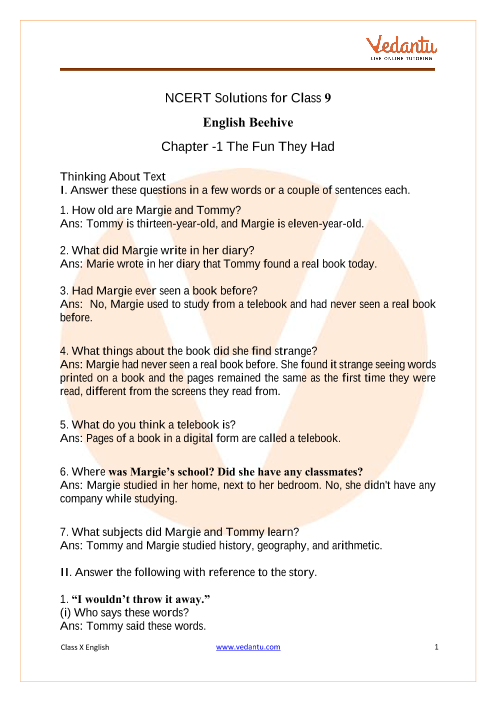 NCERT Solutions For Class 9 English Beehive Chapter 1 The Fun They Had 