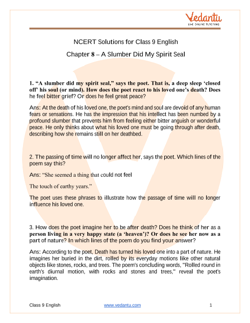 Ncert Solutions For Class 9 English Beehive Chapter 10 A Slumber Did My Spirit Seal Poem