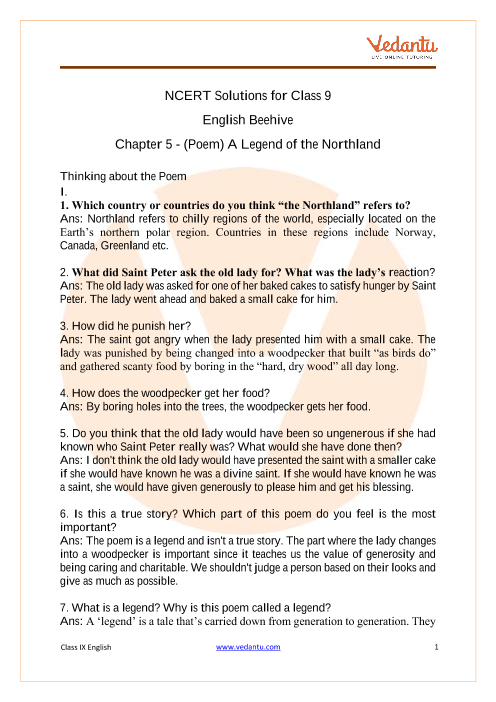 NCERT Solutions For Class 9 English Beehive Chapter 5 A Legend Of The 