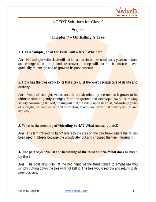 class 9 english beehive chapter 7 on killing a tree question answer