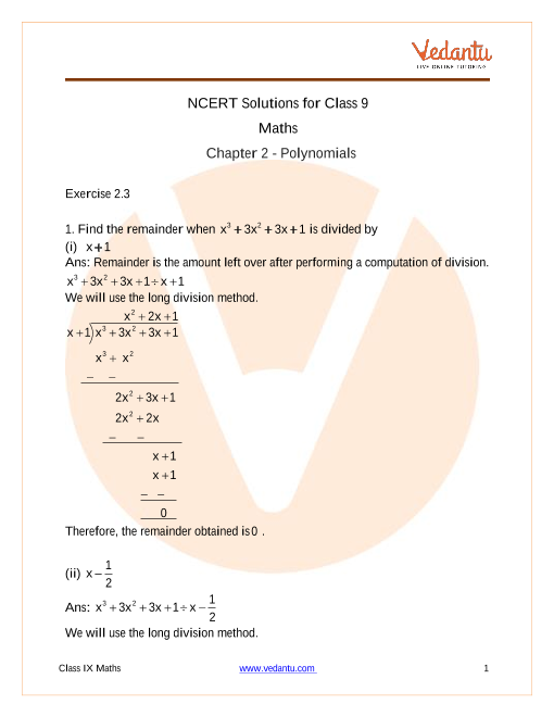 NCERT Solutions For Class 9 Maths Chapter 2 Polynomials (Ex 2.3 ...