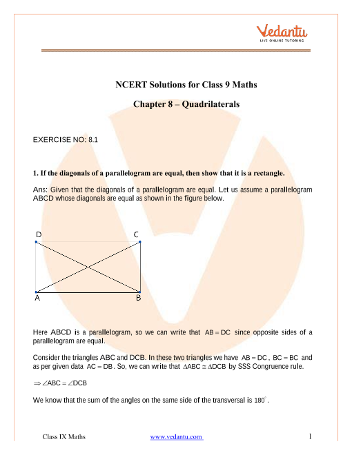 NCERT Solutions For Class 9 Maths Chapter 8 Quadrilaterals (Ex 8.1 ...