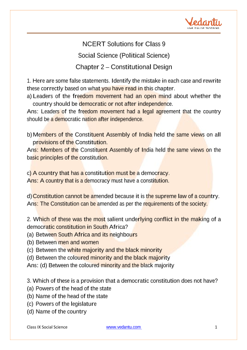 Ncert Solutions For Class 9 Social Science Democratic Politics I Chapter 2 Constitutional Design