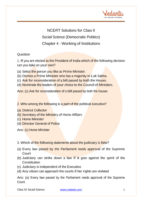 Ncert Solutions For Class 9 Social Science Democratic Politics I Chapter 4 Working Of Institutions