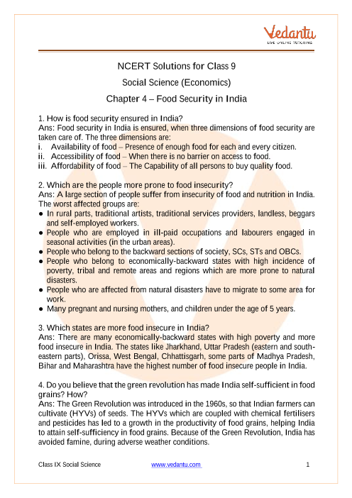 NCERT Solutions For Class 9 Economics Social Science Chapter 4 Food  Security in India - Free PDF