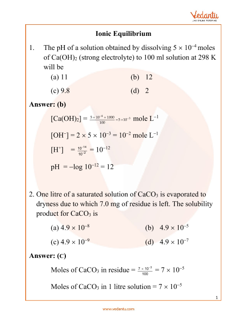 Neet Ionic Equilibrium Important Questions