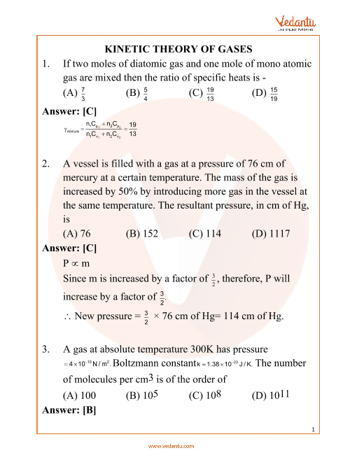 Neet Kiic Theory Of Gases Important Questions