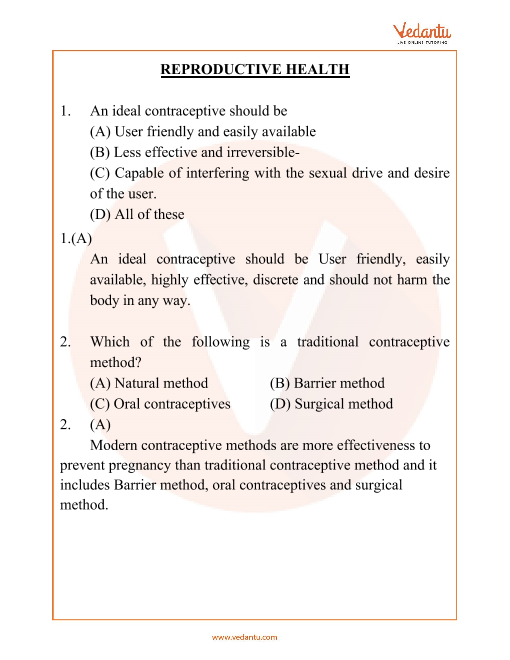 NEET Reproductive Health Important Questions