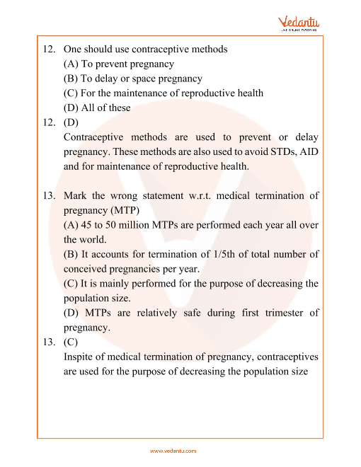 NEET Reproductive Health Important Questions