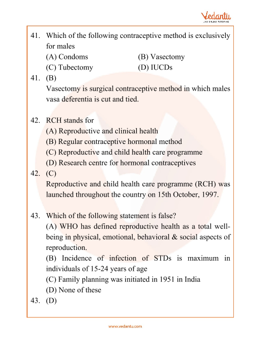 NEET Reproductive Health Important Questions