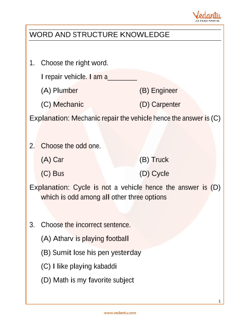 IEO English Sample Paper 1 for Class 4 with Solutions