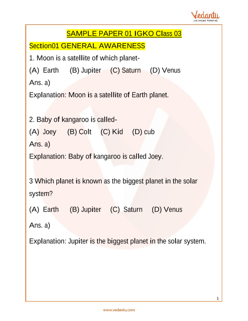 IGKO Olympiad Sample Paper 1 For Class 3 With Solutions