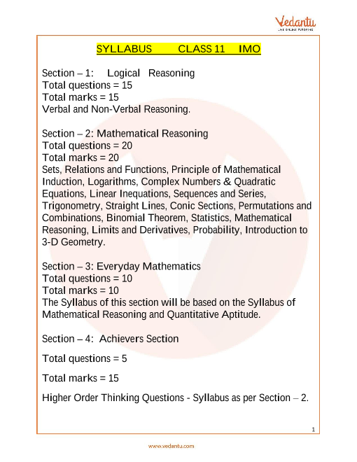 IMO Maths Olympiad Class 11 Syllabus