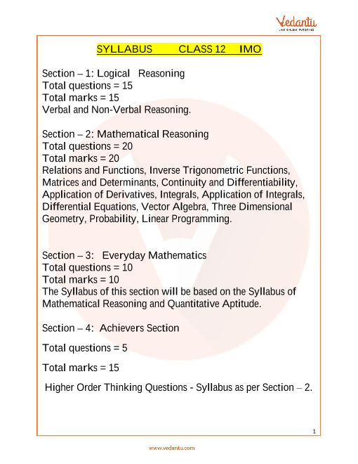 IMO Maths Olympiad Class 12 Syllabus