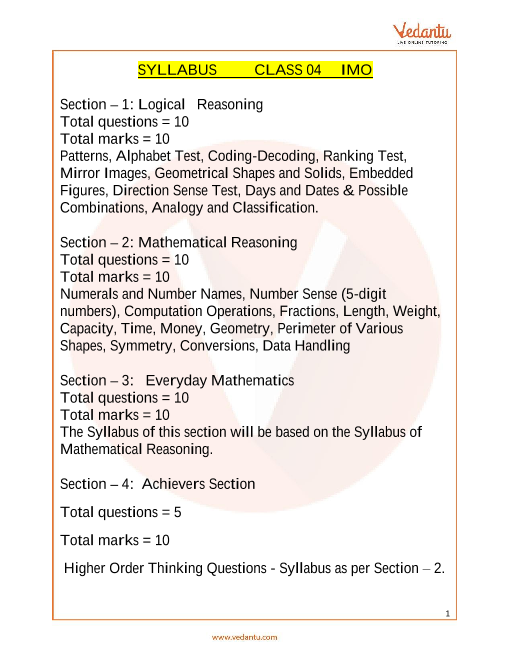 IMO Maths Olympiad Class 4 Syllabus